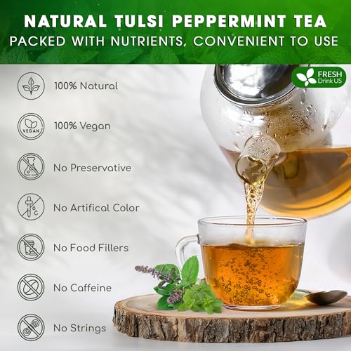 Image of FreshDrinkUS, Premium Tulsi Peppermint Herbal Tea - 135 Tea Bags, 100% Natural, Blend of Tulsi Holy Basil Leaves, and Peppermint Leaves. Made with Natural Material Tea Bags. No Sugar, Vegan.