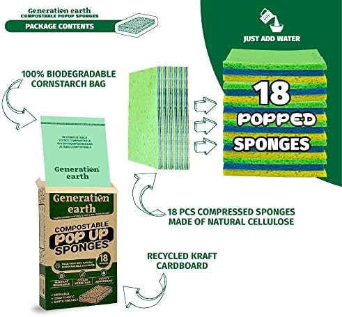 18pcs 'POP-UP' Washing Up Sponges | Compostable POP UP Sponges | Eco Washing Up Sponge | Eco Sponges Washing Up | Eco Kitchen | Cellulose Sponge | Eco Cleaning Products | Generation earth - UK Seller