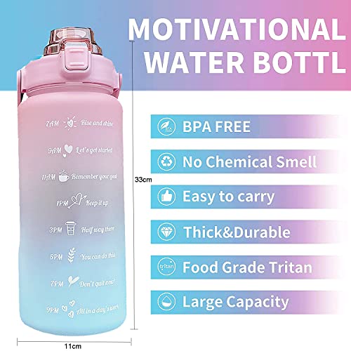 Image of Hatieo 2 Litre Water Bottle with Straw, Leakproof Sports Bottle with Time Markings, Large Motivational for Fitness, Camping, Yoga, Travel, Gym, Outdoor - Pink Blue