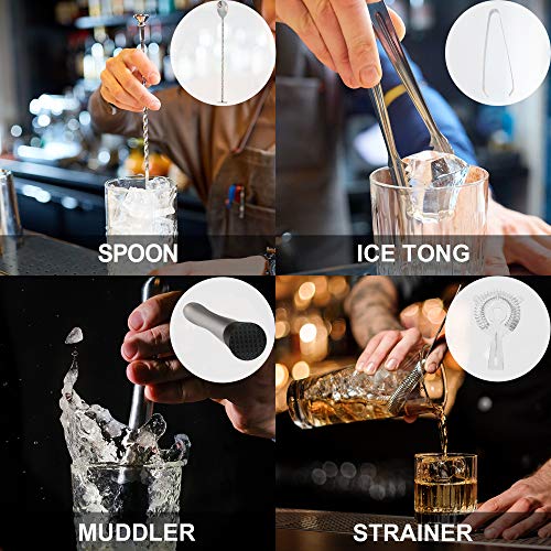 PentaQ Cocktail Shaker Set Bartender Kit with Wooden Stand 10 Pieces Stainless Steel Bar Set for Drink Mixing Bartending Tools for Home Bars, Parties and Drink Making