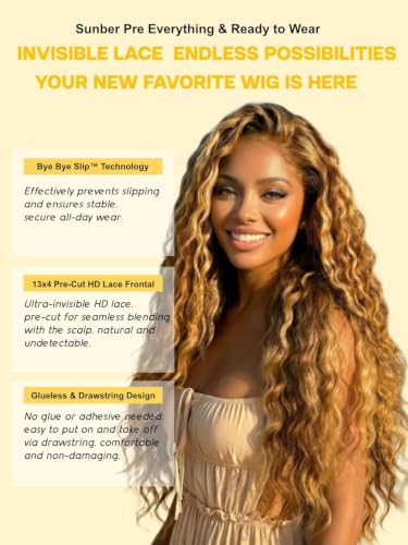 Image of Sunber 13x4 Bye Bye Slip Lace Frontal Human Hair Wig with Honey Blonde 18 inch | Highlights Water Wave Glueless Drawstring Wig Pre Everthing Pre Cut HD Lace Front Wigs Pre Plucked Knots 150% Density
