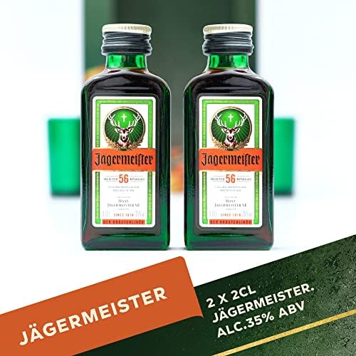 Jagermeister x 2 Official Miniatures Shot Bottles 2cl and x 2 Shot Glasses - Alcohol Bottles and the Perfect Jager Gift Set