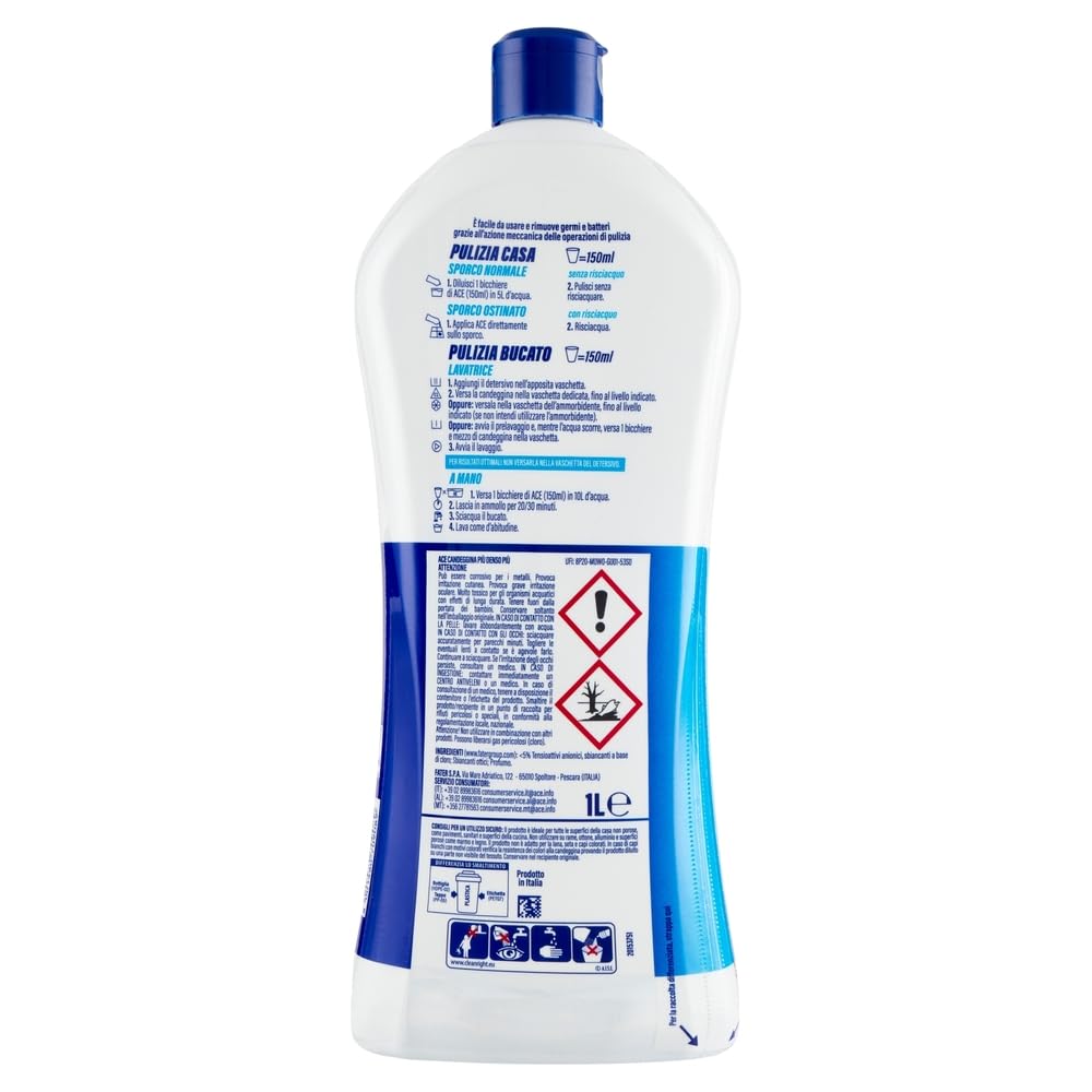 12x ACE Bleichmittel Candeggina Più +DENSA Frischer Duft - Waschmittel Bleiche für Oberflächen und Wäsche 1Lt + Beni Culinari Kostenloser Schlüsselanhänger