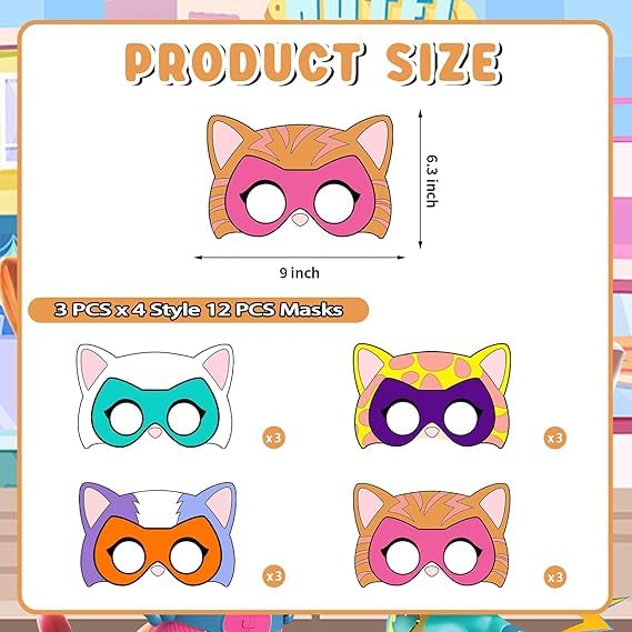 12Pcs Super Cat Masks Party for Kids, Cute Cats Paper Masks for Cartoon Animal Theme Birthday Party Decoration Favors Gifts, for Boys and Girls Cosplay Dress Up