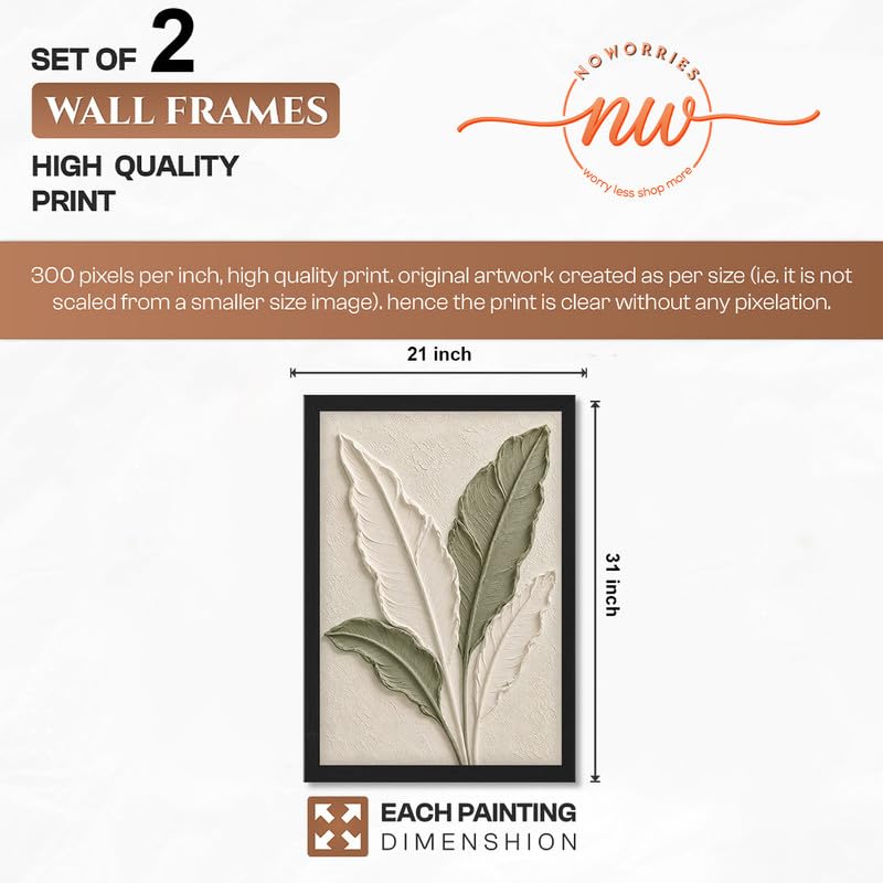 Image of NoWorries Textured Botanical Leaf Wall Painting Set of 2 with Frame | Sage Green & Beige Abstract Nature Artwork, Minimal Modern Wall Decor for Living Room, Bedroom, Office and Home Decoration (Art-11, 21x31inch)