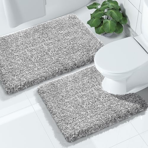 Yimobra Bathroom Rugs Sets 2 Piece, Soft Absorbent Bath Mat and U-Shaped Toilet Rug with Non Slip Backing, Machine Washable, Plush Shaggy Bath Mats for Bathroom, 32'x20'+24'x20', Light Gray and White