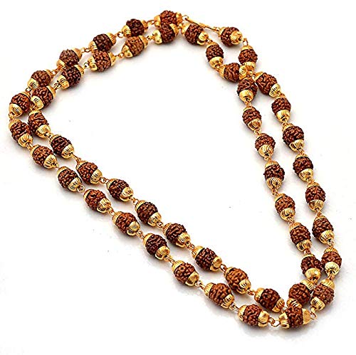 Jinali Gems Golden and Brown Plastic Cap Mala with 5 Face Rudraksha (10 mm)