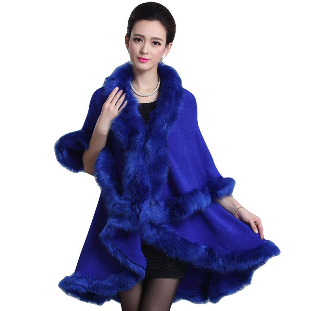 ZKOOO Women Faux Fur Wrap Shawl Winter Warm Cardigan Cape Layers Poncho Thick Cloak Coat Outerwear for Wedding Evening Party Royal Blue
