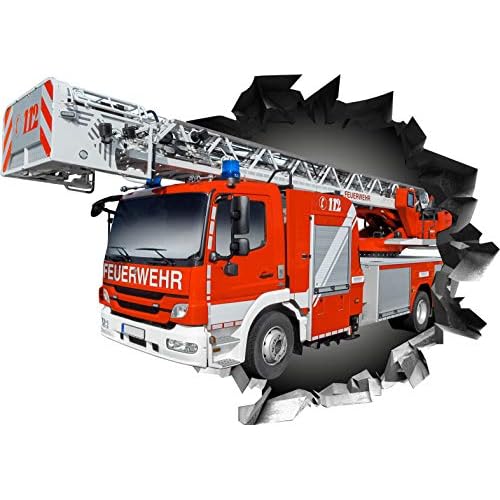 BLACK LABEL GRAFX® Wandtattoo Aufkleber WallArtML215 Wandbild Feuerwehr Auto Fire Mauerloch 3D Effekt verschiedene Größen Deko Wohnung Wohnzimmer Schlafzimmer Bad Kinderzimmer (82 x 57 cm)