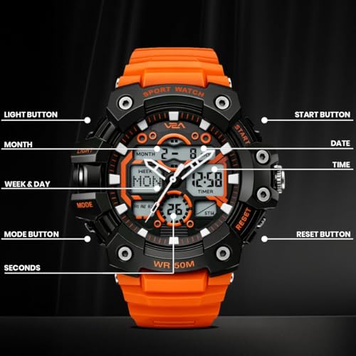Image of V2A Stryke 53mm Analog Digital Sports Watch for Men | 3 Alarms & Countdown Timer | Layered Multi-Display Dial | Stopwatch, Dual Time, Day-Date | TPU Strap | 50M Water Resistant | Gift for Men