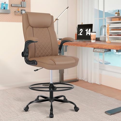 Image of Misolant Drafting Chair, Tall Office Chair for Standing Desk, Standing Chair with Adjustable Height and Flip-up Armrest, Leather Drafting Chair, High Office Chair for Counter Height Desk