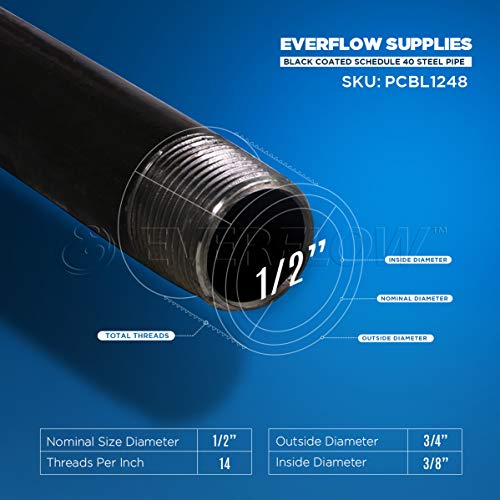 Everflow PCBL1248-5 Pre Cut Industrial Steel Pipe, Half Inch Threaded Black Pipe Nipples For DIY Vintage Furniture, 1/2 In x 48 In (Pack Of 5)
