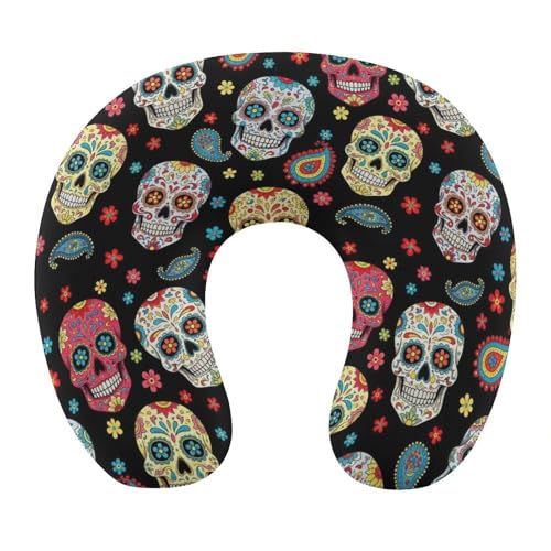Image of Cute Decorative Travel Neck Pillow Memory Foam Chin Cushion Vintage Paisley Sugar Skull, Washable Cover for Women Airplane Car Home Sleeping Rest