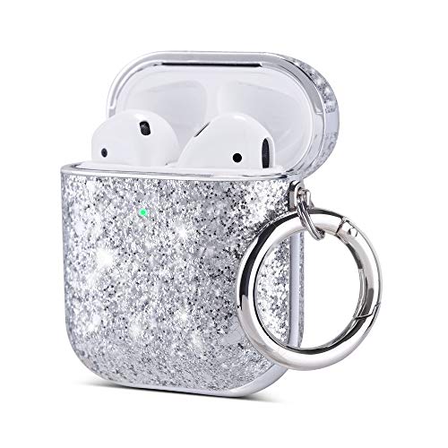 Ulak Glitter Case For Airpods 1 & 2, Stylish Design Airpods Case Cover For Women Girls, Luxury Bling Sparkle Leather Hard Case Shockproof Protective With Keychain For Airpod 2 & 1, Silver #TOP2