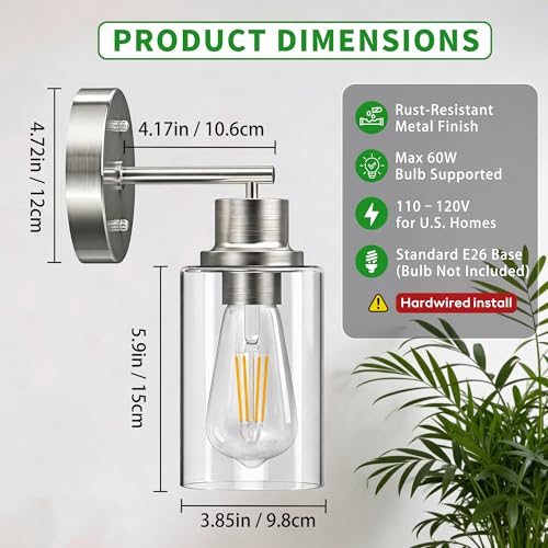 Image of 1-Light Bathroom Wall Sconce with Clear Glass Shade, Modern Vanity Light Fixture Over Mirror for Bathroom, Bedroom, Hallway, Living Room-Brushed Nickel