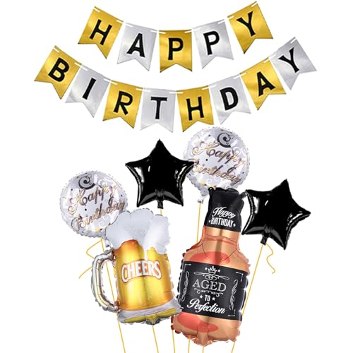 Image of Beer Cup Balloons Whiskey Bottle Beer Mug Shape Happy Birthday Gold Silver Birthday Bunting Banner Summer Party, Birthday Party Decorations for Women and Men (Banner+Balloon)
