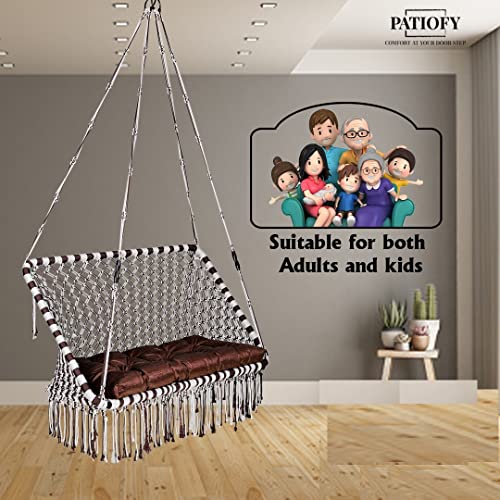 Image of Patiofy Premium Large Double Seater Swing Chair /Hanging Hammock Swing Chair for 2 People /Jhula for Adults & Kids / 2 Seater Swing for Balcony, Free Hanging Kit & Cushion Included-White-Brown