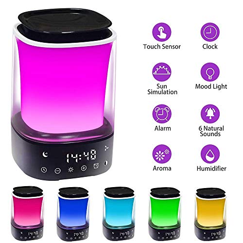 TXOTO Reveil Lumière Lampe Matin, réveil Lever du Soleil Diffuseur d'huiles essentielles diffuseur aromatique avec 8 LED Variables, réveil du Lever du Soleil avec 6 Sons naturels