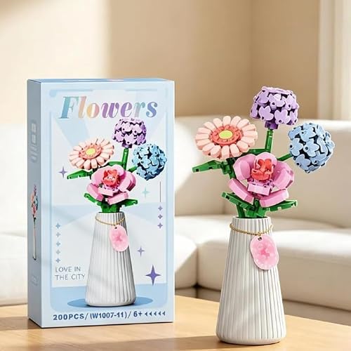 1 Pcs Flower Vase Figurine,Plastic Floral Ornament Under 2 Dollars White | 5.2x3.7 Inch Size With Peony Sunflower Hydrangea Blooms,Ribbed Vase Design,For Desk Shelf Tabletop And Gift Display