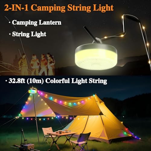 Image of Camping String Lights, Retractable 32.8ft RGB String Lights with 13 Lighting Modes, 4000mAh Hanging Waterproof Portable LED Fairy Lights for Tent Patio Awning Garden RV Decoration