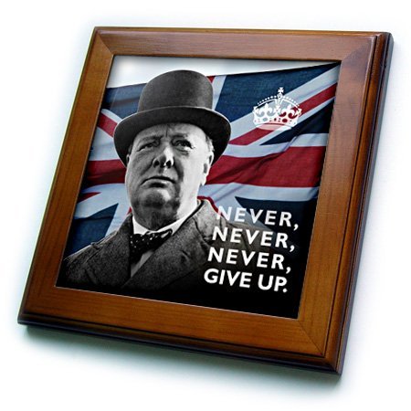 3dRose ft_220216_1 Winston Churchill- Never Give Up Quotation Over Union Jack Background-Framed Tile, 8 by 8