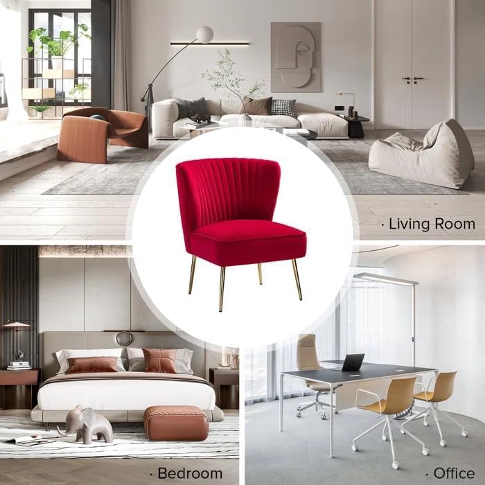 Image of Modern Upholstered Accent Velvet Chair Single Seater Channel Tufted Wing Back Chair with Golden Matel Legs for Living Room, Bedroom, Dining Room, Red