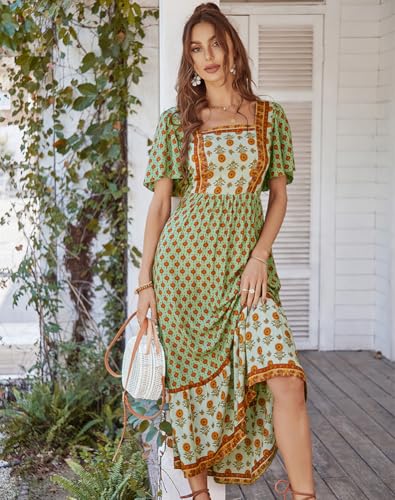 Image of Sister Amy Women's Boho Floral Print Square Neck Beach Party Flowy Ruffle Midi Dress