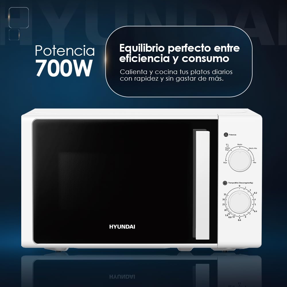 Hyundai Microondas 20 Litros Básico Blanco HMW2701. 700W, 5 Programas, Modo Descongelación, Revestimiento Interior, Fácil Limpieza, Temporizador 35min.