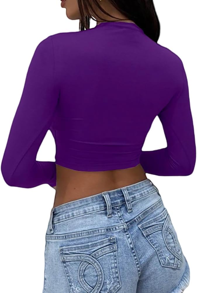 Dwnval Women's Long Sleeve Crop Tops Y2K Crewneck Cute Sexy Slim fit Cropped T Shirts - Image 2
