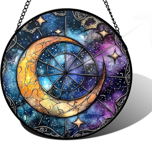 Celestial Moon Stained Glass Window Hanging Suncatcher Gift for Women 15"