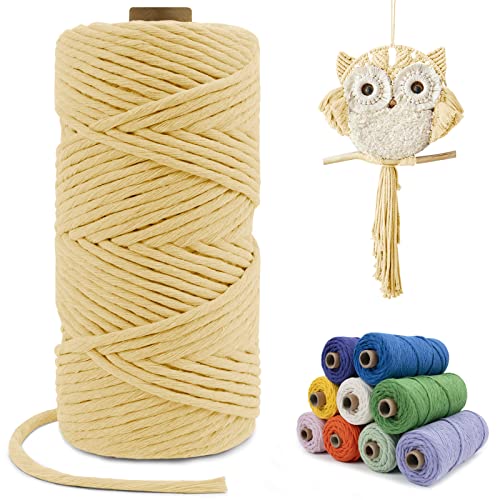 LEREATI Single Strand Macrame Cord 4mm x 110yards, Light Yellow 4mm Macrame Cord Natural Cotton Macrame Rope Yarn, Thick Cotton Cord for Wall Hangings, Plant Hangers, DIY Crafts, Home Decorations