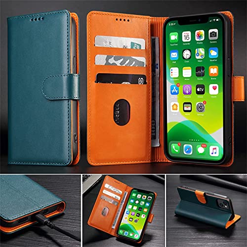 Étui iPhone 14 Plus vert en cuir avec portefeuille et béquille