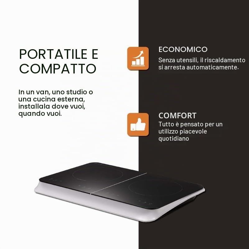 Piastra a induzione portatile con 2 luci BELDEKO – 3500 W – Design Premium, affidabile e robusto, timer, tasti touch, anti-trabocco, 10 livelli di potenza
