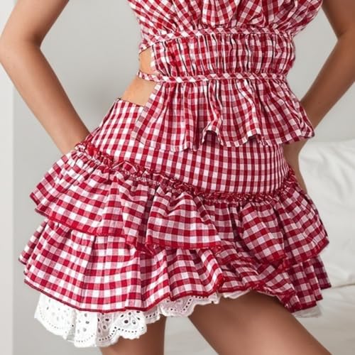 Y2K Plaid Skirts Jirai Kei Lace Tiered Skirt Kawaii Ruffle Short Dress Lolita Mini Pleated Skirt Cutecore2