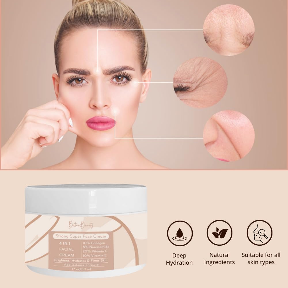 Britains Beauty Radiant Skin Defense Facial Cream, 4-in-1 Age Reversal Formula with 20% Vitamin C, 10% E, Collagen & Niacinamide - Hydrates & Firms, 1.7 oz - Image 4