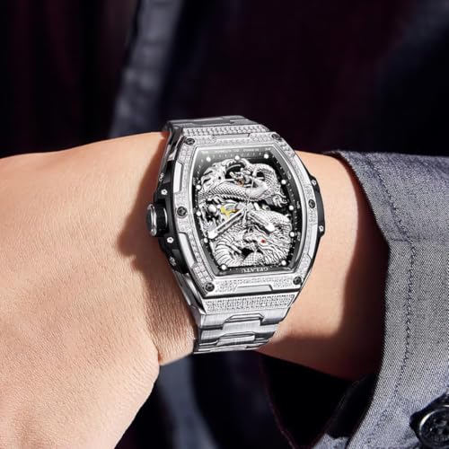 Image of OLEVS Automatic Men's Watches Fashion Diamond Dragon Skeleton Mechanical Self Winding Tourbillon Stainless Steel Waterproof Luminous Watches for Men