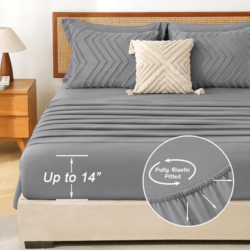 Image of Litanika Queen Size Comforter Set with Sheets Medium Gray - 7 Pieces Bed in a Bag Queen Chevron Tufted Complete Bedding Sets with Comforter, Sheets, Pillowcases & Shams