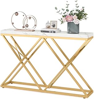 Tribesigns Console Table, 30 x 140 x 90 cm, Modern Entryway Hallway Table with Diamond-Shaped Gold Metal Legs, Faux Marble White Wood Sofa Table for Living Room, Entryway, Hallway, White and Gold