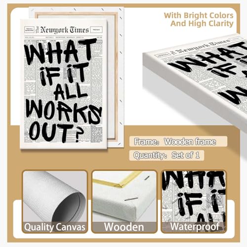 Image of Drimiler Retro Black And White Newspaper Poster What If It All Works Out Canvas Wall Art Positive Affirming Quote Minimalist Prints Painting For Home Bedroom Dorm Wall Decor 16x24in Wframed