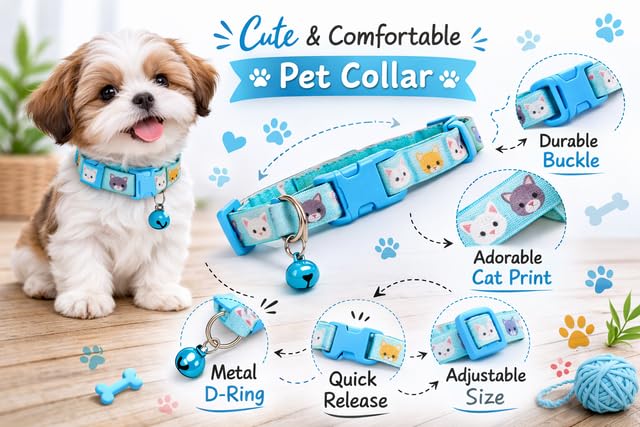 Image of Emily Pets Cat Collar with Bell, Solid & Safe Collars for Cats, Nylon, Mixed Colors, Pet Collar, Breakaway Cat Collar, Free Replacement (Coloy mey Vary, 1 Piece)