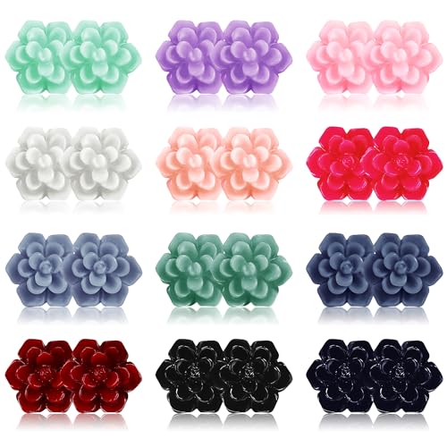LOYALLOOK 12Pairs Chic Cute Boho Assorted Colors Resin Succulent Flower Earring Studs Set for Women Floral Blooming 3D Carved Succulent Flower Stud Earrings with Stainless Steel Post2