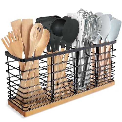 Suli Porte-ustensiles de cuisine extra large avec 4 compartiments, porte-ustensiles en métal argenté pour le plan de travail de cuisine, rangement pour...