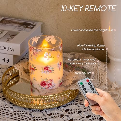 Image of Rose Flameless Candles Set of 3 - Glass Battery Operated Candles with Remote, Flickering Floral Flameless Candle for Wedding, Home, Party Gift