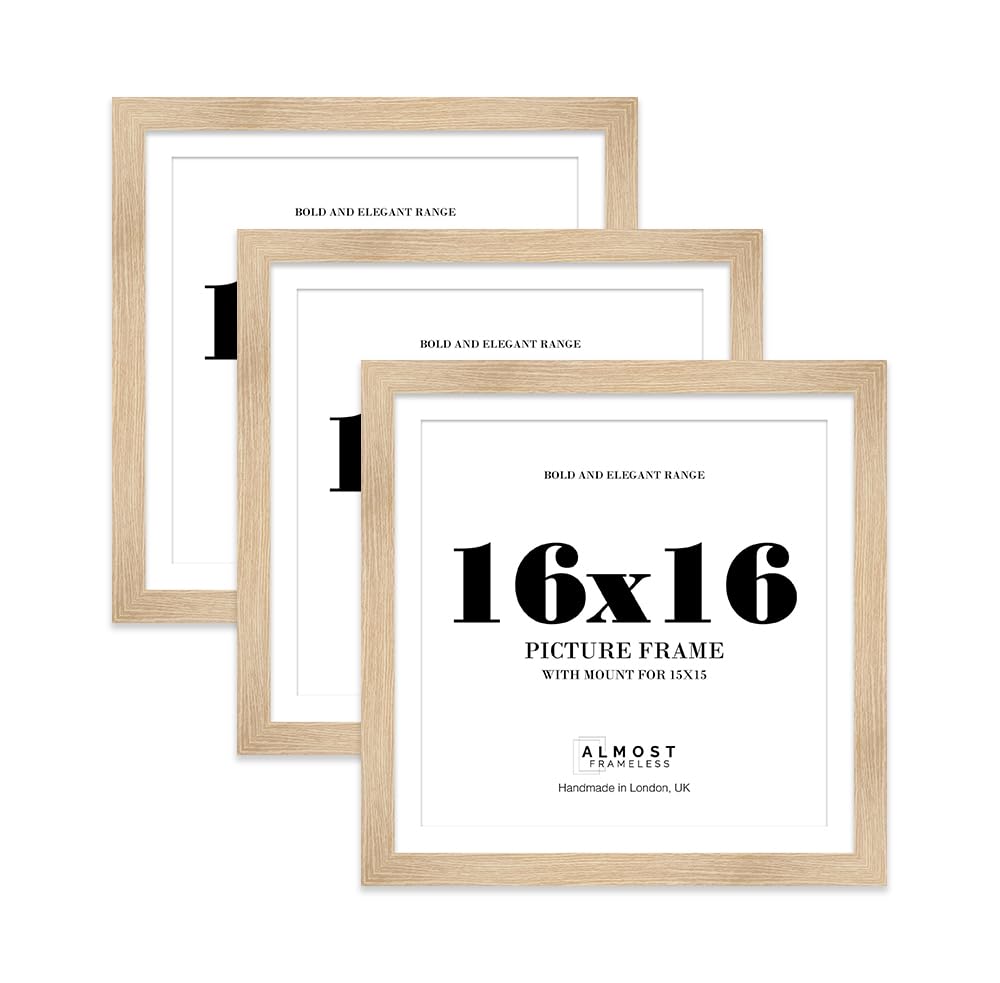 16x16 Oak Square Frame With Mount for 15x15 Pictures 28mm Edge Frame Display with Wall Hooks, 3 Pack