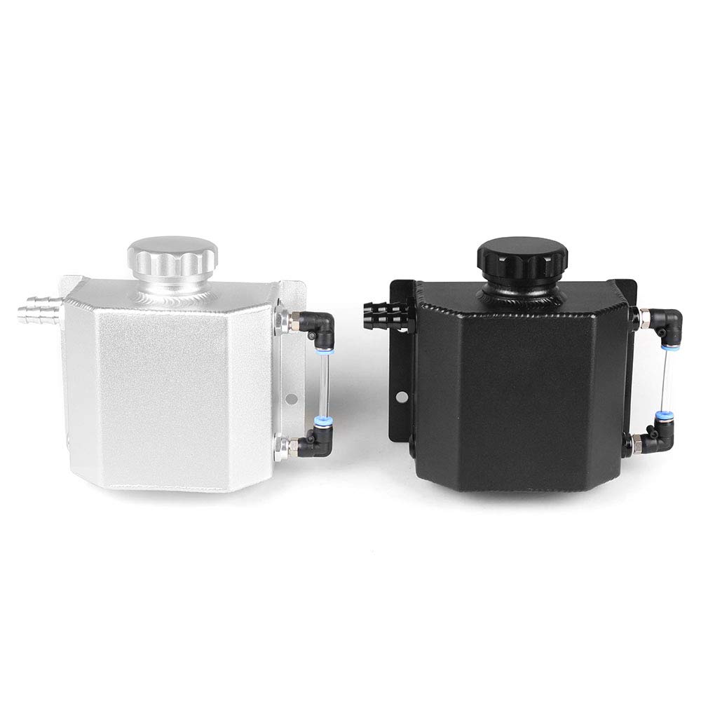 Depósito de aluminio para recogida de aceite de 1 litro con tapón de drenaje y respiradero. Accesorios universales para depósitos de combustible y aceite. (Plata)