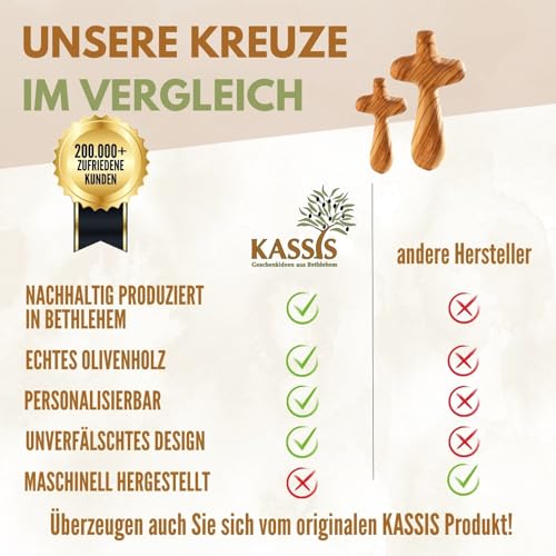 Kassis Geschenkartikel Kreuz als Handschmeichler aus Olivenholz 7 cm – handgefertigtes Kreuz aus Bethlehem – Trostspender und spirituelles Geschenk zu christlichen Anlässen - 1 Stück