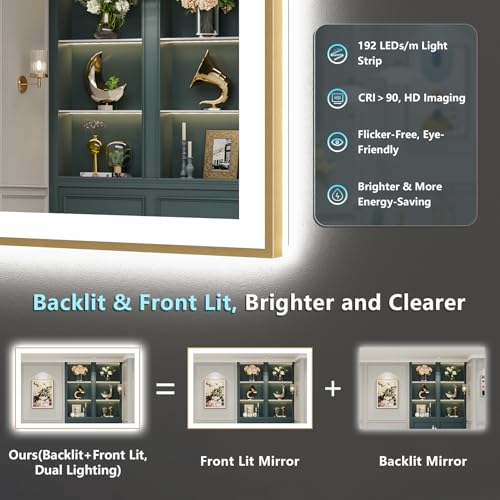 Image of 55x36 Gold LED Bathroom Mirror with Lights, Backlit & Front Lit | Brushed Gold Framed, Anti-Fog Lighted Vanity Mirror, Dimmable, 3-Color Temp, Memory, CRI95, HD Tempered Glass, UL Listed