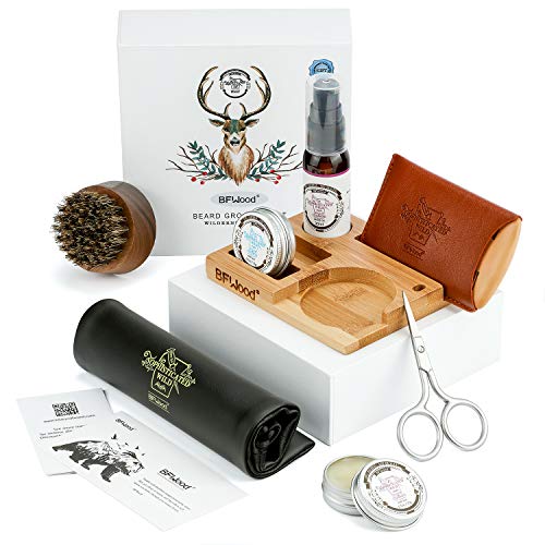 BFWood Beard Travel Kit - Beard Oil 30ml, Boar Bristle Beard Brush, Wooden Beard Comb, Mustache Scissor, Beard Balm 30g, Deer Gift Designed