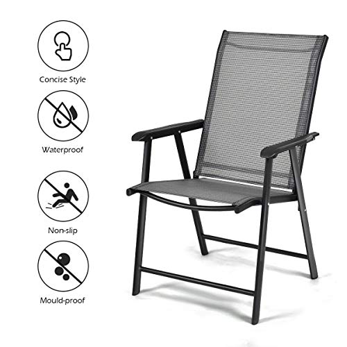 Image of Giantex Set of 2 Patio Folding Chairs, Outdoor Chairs with Armrest, Portable Dining Chairs for Porch Camping Pool Beach Deck Lawn Garden, 2-Pack Patio Sling Chairs, Metal Frame, Grey
