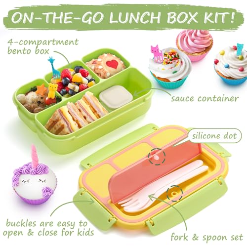 Image of QQKO Bento Box for Kids Adults, School Toddler Lunch Box for Boys Girls, Lunch Box Containers with 4 Compartments, Sauce Container, Utensils, Food Picks and Muffin Cups for School, Pink Yellow Green